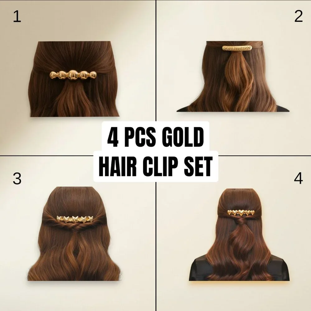 4 PCS Gold Barrette Set Star Heart Beaded Metal Hair Clips Minimalist Hair Acces